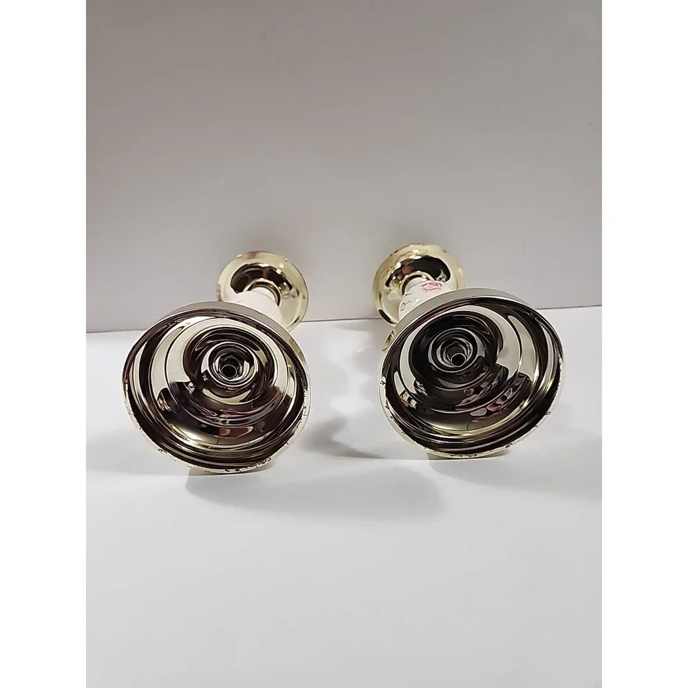 (2) Home Interiors Candle Holders Shabby Chic Pink Floral Gold Taper 7.5